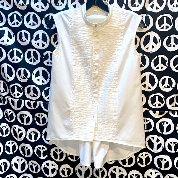 RHIE COTTON WHITE SLEEVELESS PLEATED BAND-COLLAR SHIRT SZ 2 - Picture 1 of 13